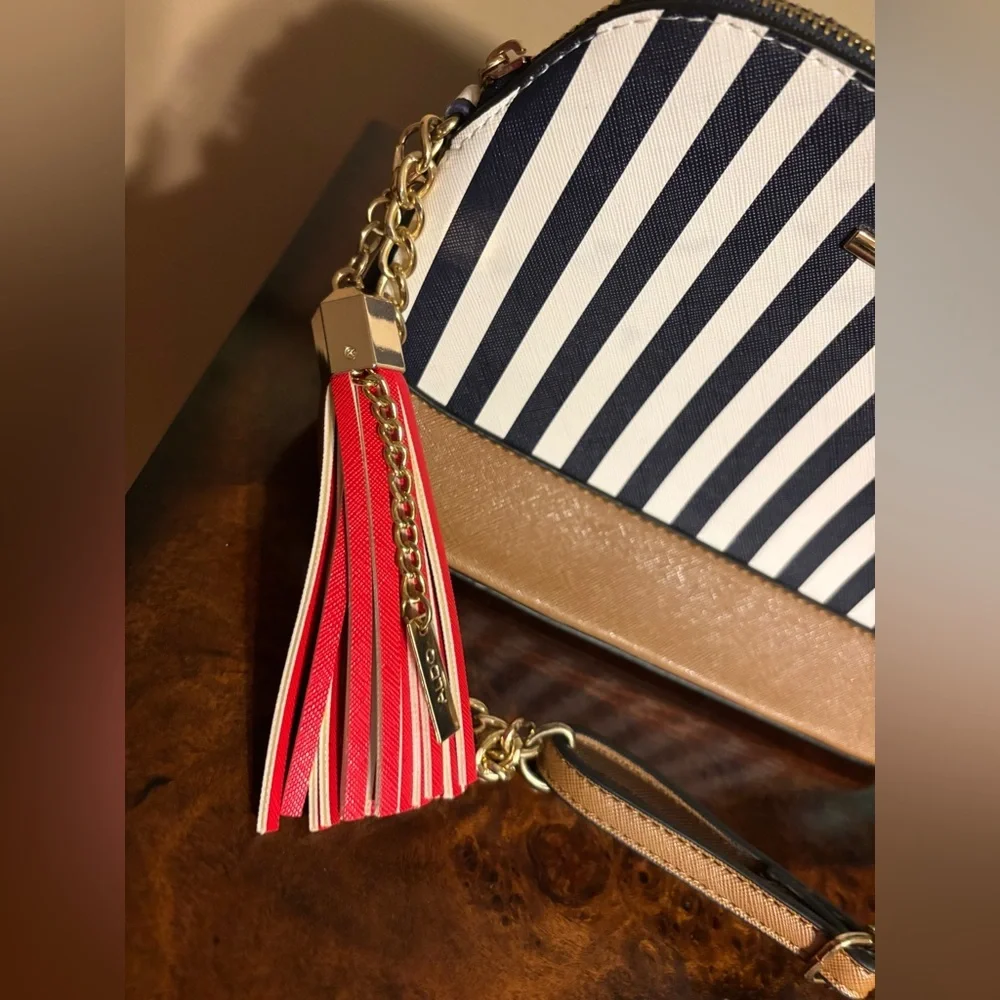 Aldo Navy and White Striped Crossbody Bag with Brown and Red Accents NWOT - Picture 3 of 13